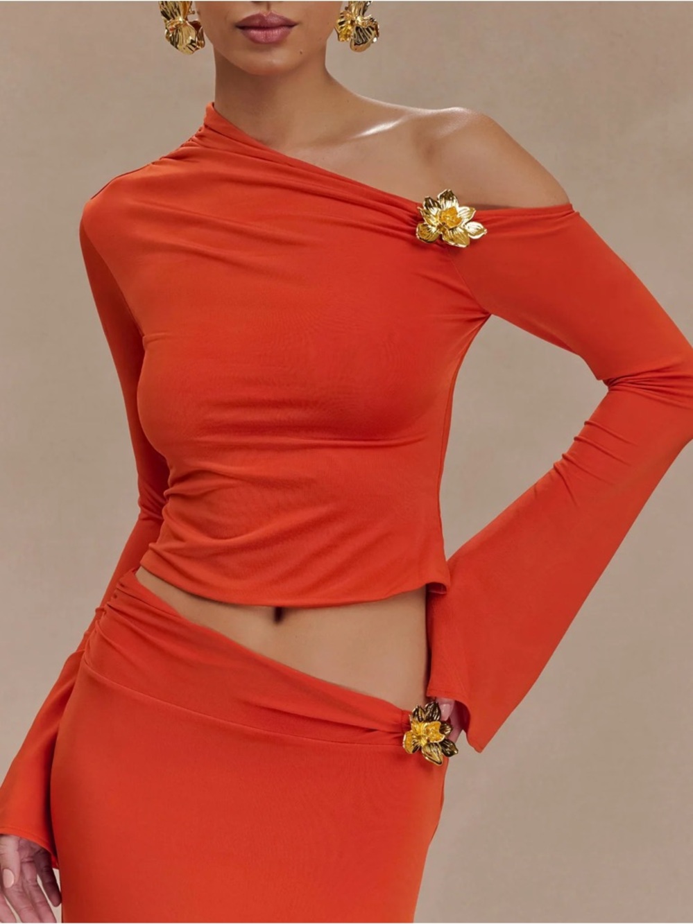 Meshki Asymmetrical Orange Long-Sleeve Top